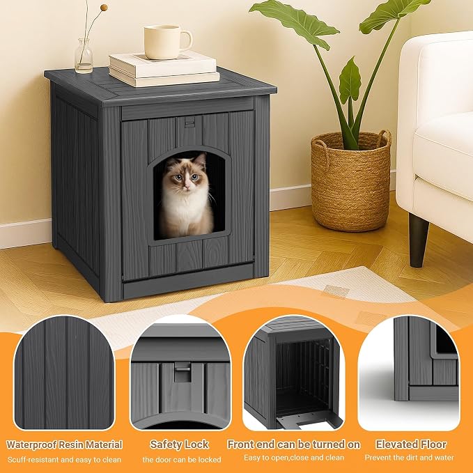 Cat Litter Box Enclosure, Plastic Hidden Litter Box Side Table with Openable Front Door, Cat Box Enclosure Cabinet for Indoor & Outdoor Use, Weatherproof, Easy to Clean & Assemble, Black - Image 4