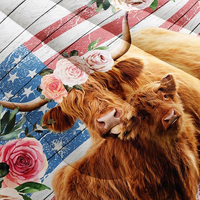Nttopship Highland Cow Flower Comforter Sets Twin Size for Kids,American Flag Western Animal Bedding Sets All Season 1 Comforter and 2 Pillowcases - Image 6