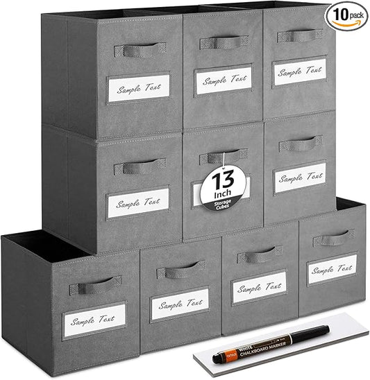 13x13x13 storage cube bins (Set of 10) Fabric storage cubes with 10 Labels Window Cards & a Pen, storage cubes 13x13, Collapsible 13 inch cube storage bins, Cubby Organizer Boxes, Gray by Artsdi