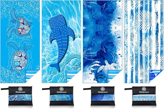 Widdonen Microfiber Beach Towel,Compact 4 Pack-71x32 Inch with Bag Travel | Extra Large,Lightweight,Thin,Sand Free,Quick Dry,Absorbent.Packable for Camping,Swim,Pool,Bath,Picnic,Cruise Essentials Gift by WIDDONEN