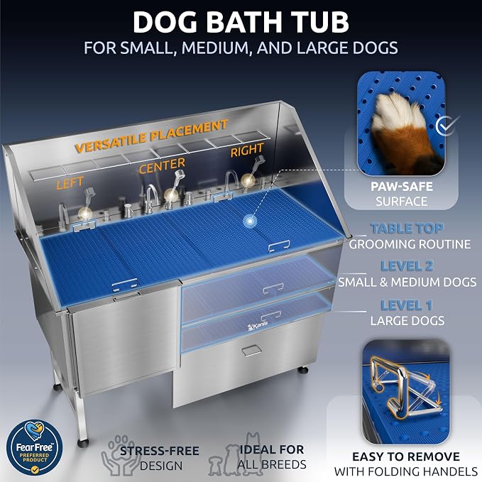 KANIS Professional Dog Washing Station 304 Stainless Steel Pet Wash Sink | Grooming Bathtub w/Shower, Floor Grates and Storage for Large, Medium & Small Pets (Silver, 61 Inches, Left Ramp, 1 Drawer) - Image 6