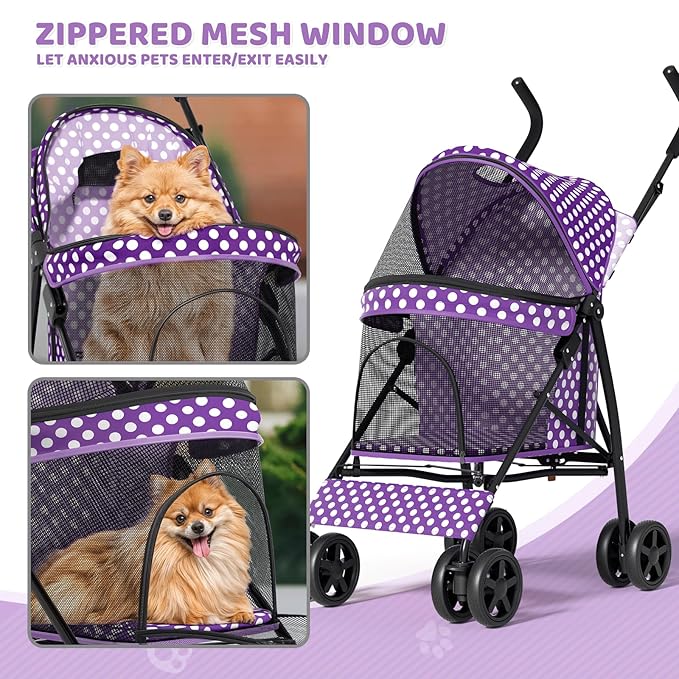 Magshion Compact Pet Stroller for Small-Medium Dogs/Cats up to 22lbs, 4-Wheel Lightweight Umbrella Shaped Portable Puppy Travel Jogger w/Breathable Mesh, Cup Holder & Rear Storage, Purple Polka Dots