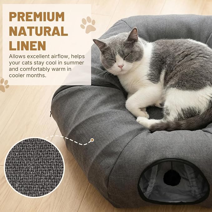 Cat Tunnel Bed for Indoor Cats, Cooling Natural Linen Cat Tunnel, Breathable 29.5in Kitten Toys Cat Tunnel with Washable Mat, Round Pet Tunnel for Kittens, Squirrels Dark Grey - Image 4