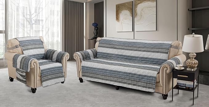 Brilliant Sunshine Multi Grey Stripes Loveseat Cover, 54" seat | Non Slip Sofa Cover, Quilted Furniture Protector, Large Washable Love Seat Slipcover for Pets, Dogs - Image 2
