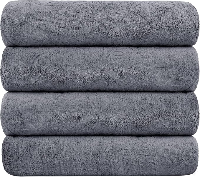 JML Oversized Microfiber Bath Towels, 30" x 60", 4 Pack, Grey Floral, | Hanging Loop, Soft, Absorbent, Quick Dry for Shower, Sauna, Salon Hair Wrap by JML