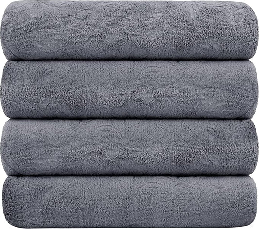 JML Oversized Microfiber Bath Towels, 30" x 60", 4 Pack, Grey Floral, | Hanging Loop, Soft, Absorbent, Quick Dry for Shower, Sauna, Salon Hair Wrap by JML