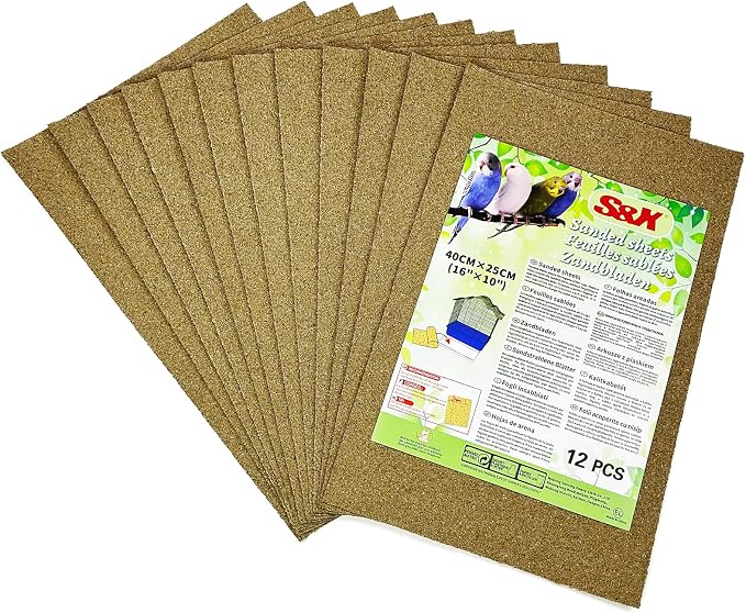 S&X Bird Cage Liners 16 x 10in, 12-Pack, Disposable Gravel Paper Sheets | Thick, flat gravel paper eases cage cleanup – gritty surface helps trim claws & beaks – pre-cut to fit common cage trays by SXProducts