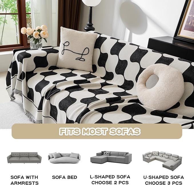 MEETSKY Couch Cover Sofa Cover Washable,Chenille Jacquard Sofa Covers for 2 Cushion Couch Sofa, Sofa Slipcover Loveseat Pet Couch Covers for Sectional Sofa, 71" x 118", Black Checkerboard - Image 3