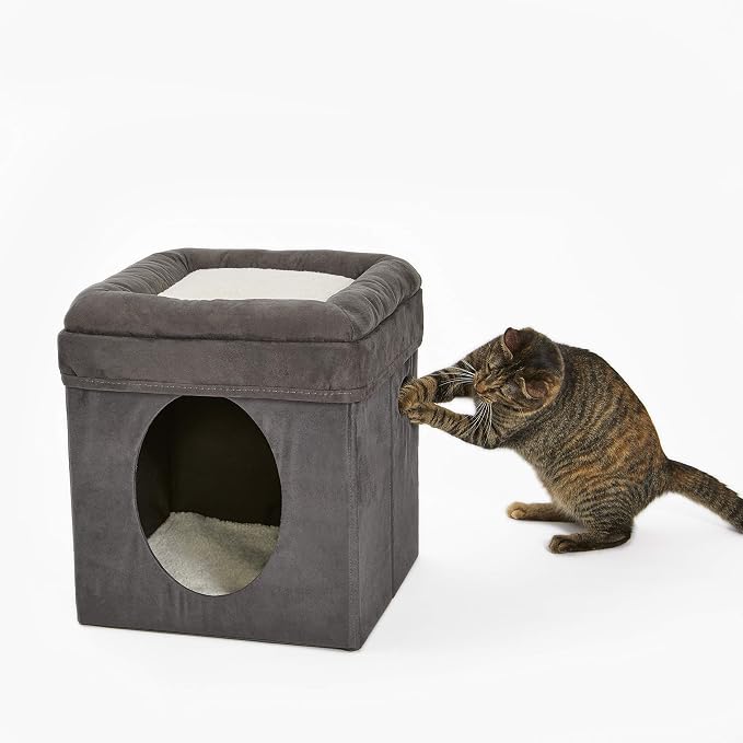 MidWest Homes for Pets Cat Cube, 15.5 x 15.5 x 16.6 Inches, Foldable Cat Hideout with Toy, Bolstered Bed Top, Faux Gray Suede, Synthetic Sheepskin Bedding - Image 3