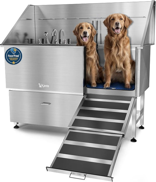 KANIS Professional Dog Washing Station 304 Stainless Steel Pet Wash Sink | Grooming Bathtub w/Shower, Floor Grates and Storage for Large, Medium & Small Pets (Silver, 61 Inches, Right Ramp, 1 Drawer) by KANIS