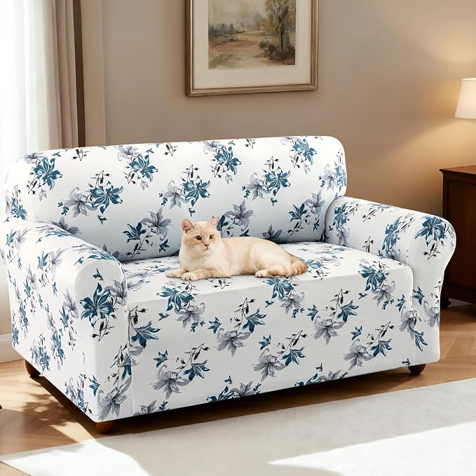 H.VERSAILTEX Floral Pattern Love Seat Covers for 2 Cushion Couch Stretch Sofa Covers Super Soft Fabric Couch Cover for Dogs Washable(Vintage Petal-Blue,Loveseat) - Image 2