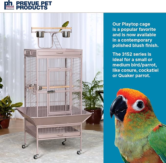 Prevue Pet Products Playtop Bird Cage - Medium Cage with Wheels for Parrots, Conures, Cockatiels, & Similarly Sized Birds, with Rolling Stand and Seed Guard - Blush Finish - Image 3