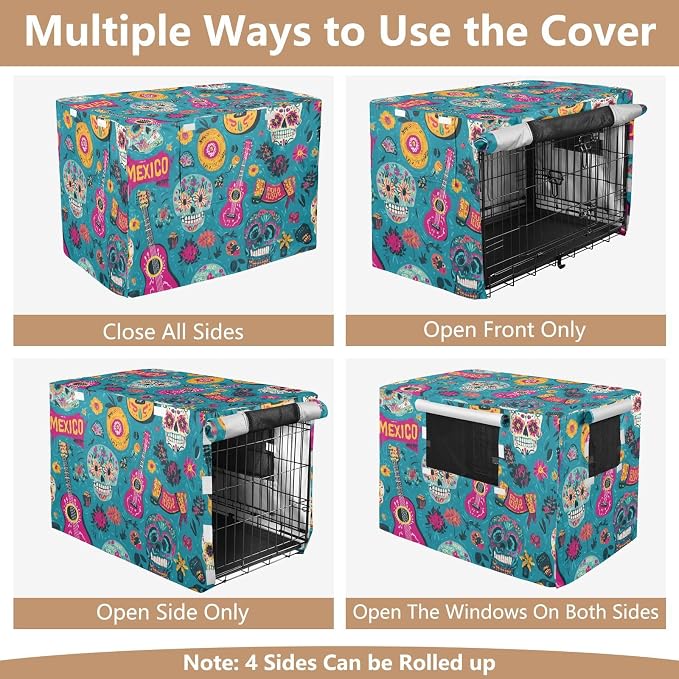 Dog Crate Cover Kennel Cover for Dog Cages Breathable for Wire Cage Indoor Outdoor Teal Fiesta Mexico Skulls Guitars - Image 5