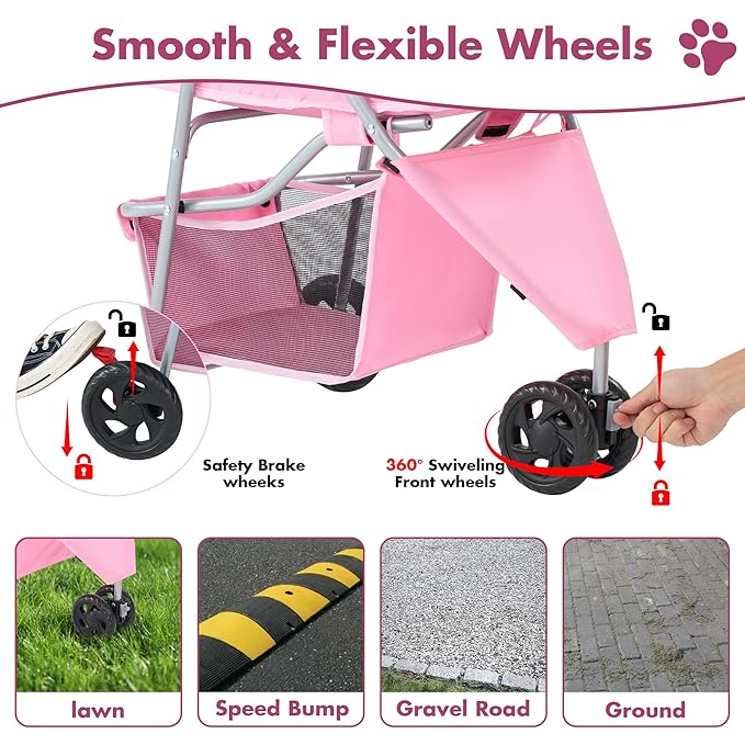 Sweetcrispy 3 Wheels Pet Stroller for Small Dogs and Cats – Foldable Dog Stroller with Mesh Windows, Storage Basket & Cup Holder, Lightweight & Durable Pet Carrier for Travel, Outdoor Use, Pink
