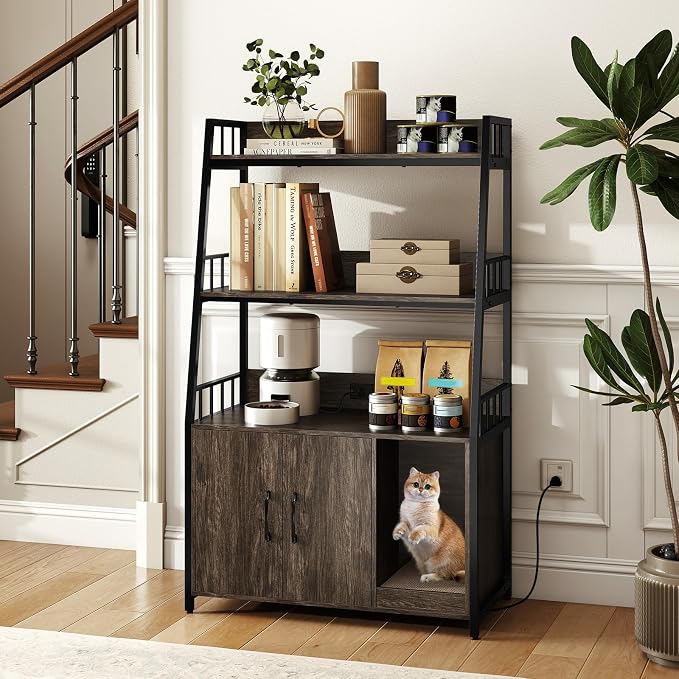 PETSITE Cat Litter Box Enclosure with Storage Shelves, 52 Inches Tall Hidden Litter Box with Charging Station, Scratching Board, and Winding Entry (Grey) - Image 3