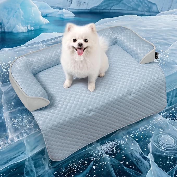 Medium Cooling Dog Bed Mat - 35 x 31 inch Waterproof Couch Cover for Dogs Washable, Non-Slip Bottom Self Cooling Mat for Dogs, Durable & Non-Gel, Dog Couch Bed for Sofa Floor Car, Light Blue by blunique
