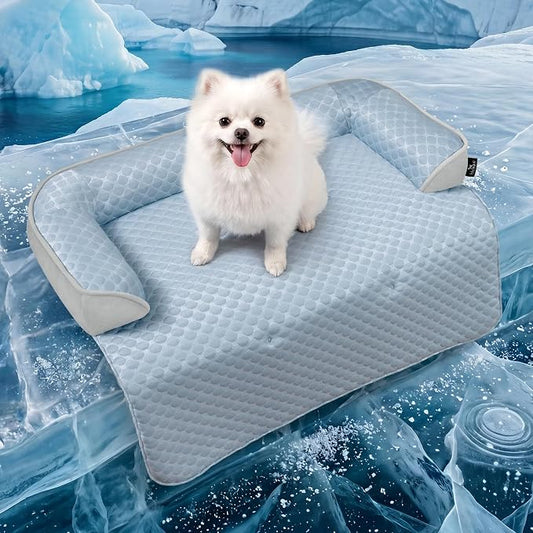 Medium Cooling Dog Bed Mat - 35 x 31 inch Waterproof Couch Cover for Dogs Washable, Non-Slip Bottom Self Cooling Mat for Dogs, Durable & Non-Gel, Dog Couch Bed for Sofa Floor Car, Light Blue by blunique