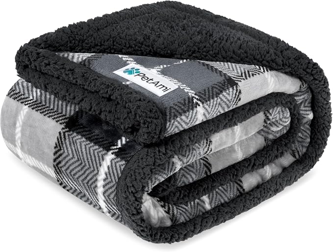 PetAmi Waterproof Dog Blanket for Couch, Large 60x40, Pee Proof Sherpa Fleece Reversible Pet Throw, Furniture Protector for Bed Sofa Kennel, Soft Washable Cover for Medium Dogs Cats, Plaid Dark Grey by PetAmi