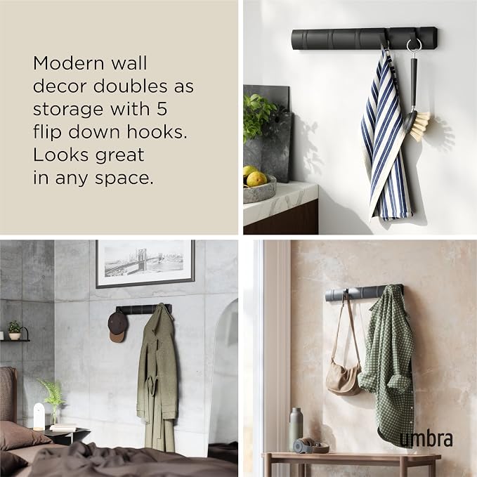 Umbra Flip Coat Rack, Wall Mounted 5-Hook Space Saving, Black/Black | Real wood and steel build, retractable hooks fold flat, holds coats bags and scarves, easy install - Image 4