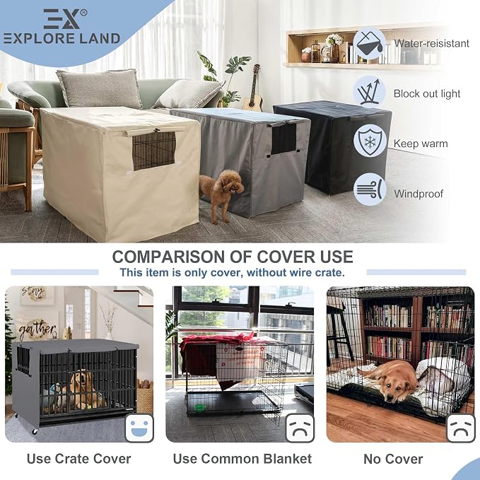 Explore Land Dog Crate Cover Heavy Duty Polyester Pet Kennel Sunshade Universal Fit for 36 inches Wire Cage (Grey) - Image 5