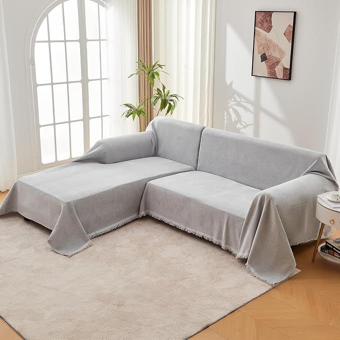 Sofa Cover for Washable Sectional L Shape, Light Grey | Couch Covers Protector with Tassel Sofa Slipcover for Pet & Kid Friendly - Image 7