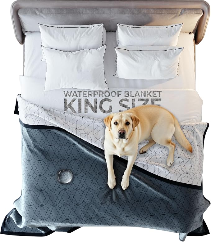 Waterproof Dog Blanket for Bed – 108x90 Inch King Size – Pet Hair Resistant Blanket for Small to Large Dogs – Washable, Leakproof, Reversible Bedspread for Bed Protection – Blue/White by VictoriaOrton
