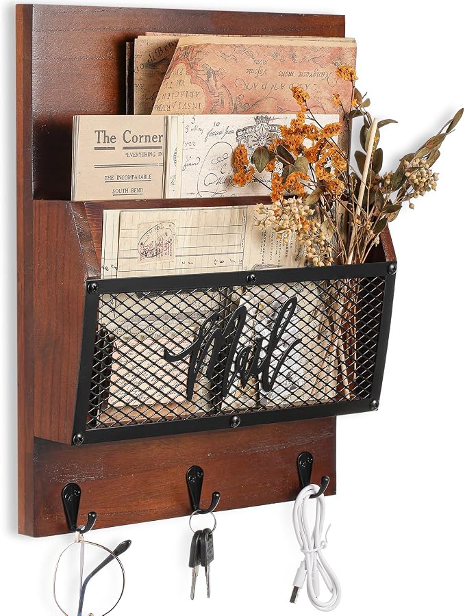 Yalikop Farmhouse Mail Organizer Wall Mounted Rustic Mail Holder Hanging Key Sorter with 3 Hooks Indoor Wooden Wall Mounted, Letter, Magazines, Newspapers, Keys (Classics,Dark Brown) by Yalikop