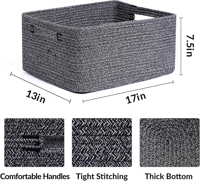 MiniArk Large Storage Baskets for Shelves, 17 x 13 x 7.5” Closet Organizers Bins for Clothes Blanket Towels, Baby Nursery, Toy Baskets Box, Woven Rope Baskets, 3 Packs Dark Gray - Image 2
