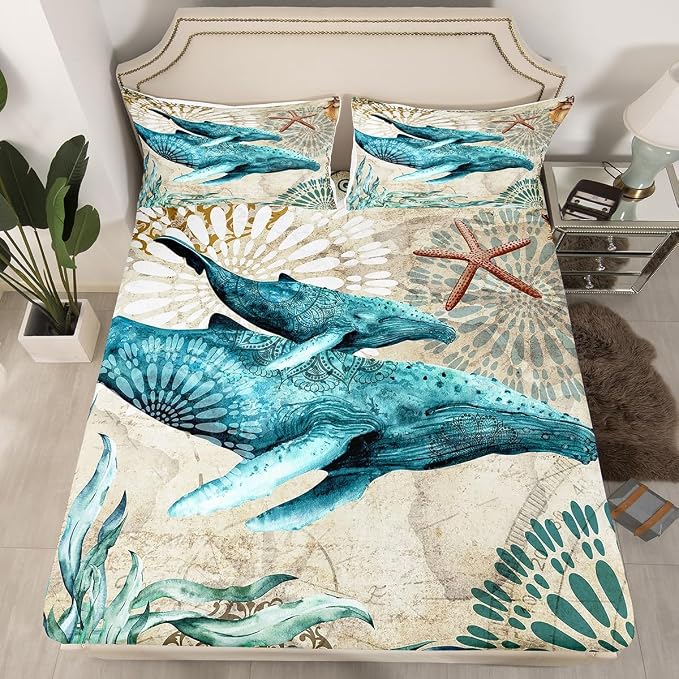 Erosebridal Ocean Whale Sheet Set Kids Boys Girls Nautical Bedding Children Coastal Sea Animal Bed Sheets Set, Marine Animal Theme Bed Set - 4Pcs (1 Fitted +1 Flat+2 Pillowcases),King,Teal Brown - Image 2