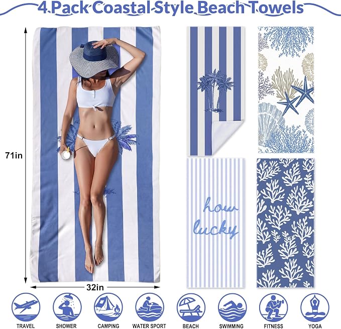 Frienda 4 Pack Microfiber Oversized Lightweight Beach Towel 71x32 in for Women Men Microfiber Quick Dry Sand Free Ocean Coastal Towels for Beach Pool Travel(Coral) - Image 2