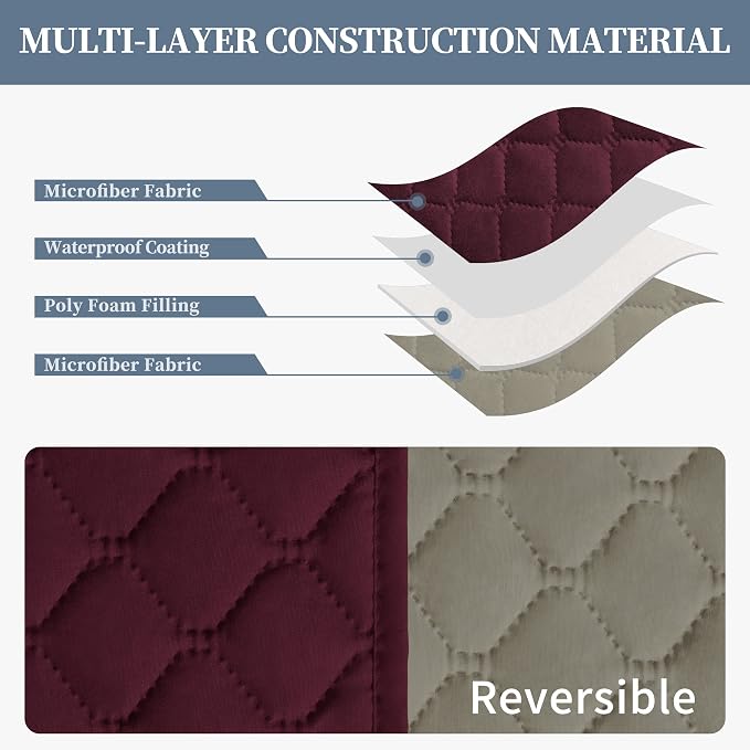 ISSUNTEX Double Protection 100% Waterproof Sofa Covers for Living Room, Couch Covers for 3 Cushion Couch Sofa, Reversible Furniture Protector Sofa Cover for Dogs, Pets, Kids (Sofa, Wine/Beige) - Image 4