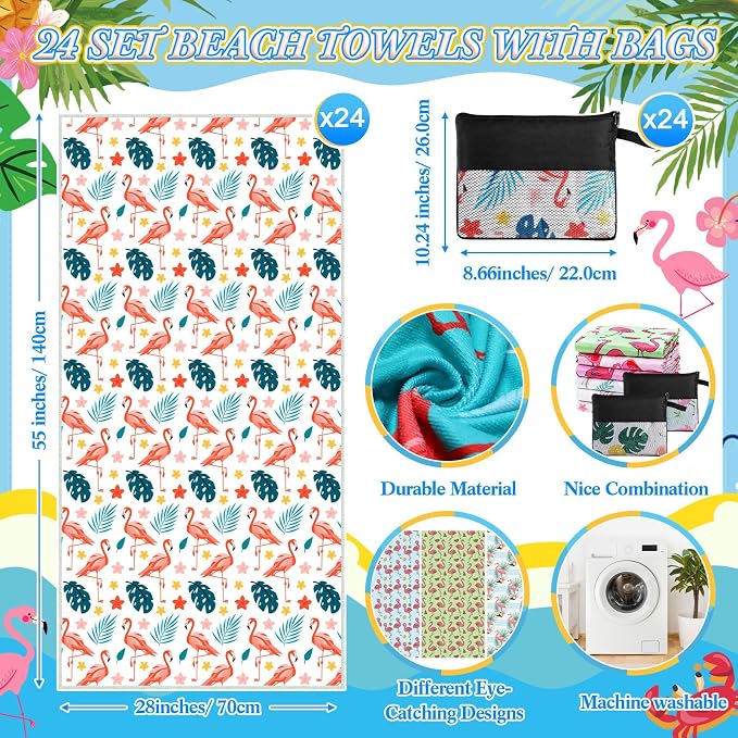 Peryiter 48 Pcs Microfiber Beach Towel with Bags Bulk, 24 Large Quick Dry Pool Towels and 24 Storage Bags, 28 x 55 Inch Flamingo Blanket for Beach Swimming Summer Party Camping Travel Women - Image 2