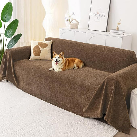 Smiry Couch Cover for Dogs, Chenille Sofa Covers for 3 Cushion Couch | Washable Soft Sofa Slipcover for Pets, Thick Sectional Furniture Protector with Tassels (Chocolate, 71x118 Inch) by Smiry