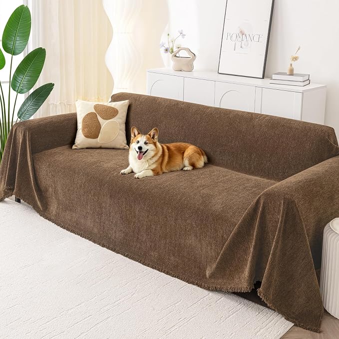 Smiry Couch Cover for Dogs, Chenille Sofa Covers for 3 Cushion Couch | Washable Soft Sofa Slipcover for Pets, Thick Sectional Furniture Protector with Tassels (Chocolate, 71x102 Inch) by Smiry