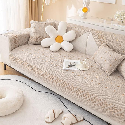 vctops Solid Color Cotton Quilted Sofa Couch Cover Weave Pattern Soft Sectional Couch Covers Embroidery Non-Slip Sofa Slipcover for Dogs, Children, Pets Furniture Protector (Khaki,28"x47") by vctops