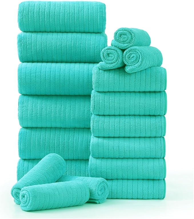 18 Piece Family Bath Towel Set Include 6 Bath Towels,6 Hand Towels and 6 Washcloths Soft Bathroom Towel with Hanging Loops,Highly Absorbent Quick Dry Towels Set for Bathroom,Hotel and Spa- Dark Cyan by Hailea