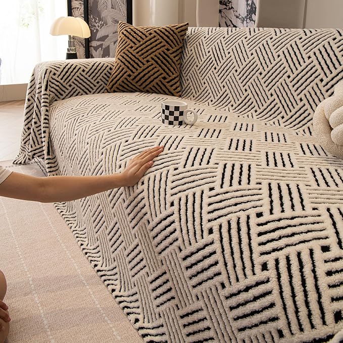 ROOMLIFE Striped Boho Black Couch Cover for 2-3 Cushion Sofa, Fuzzy Plush Warm Sofa Slipcovers Sectional Sofas Covers, Non Slip Washable Furniture Protector Soft with Tassel,Winter 71''X150” by ROOMLIFE