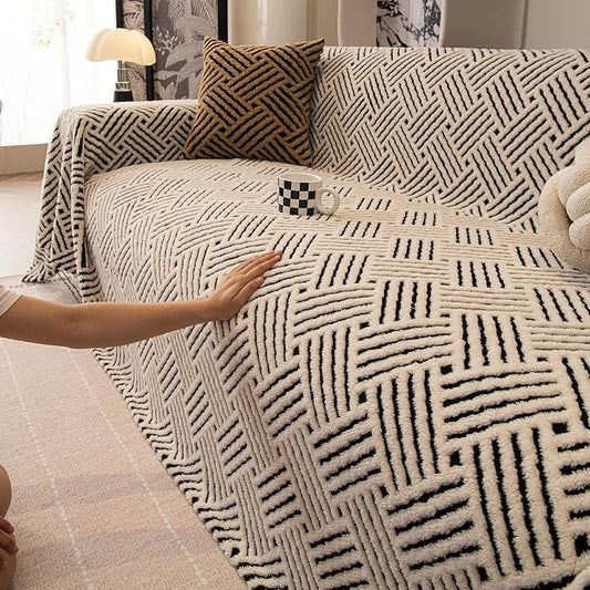 ROOMLIFE Striped Boho Black Couch Cover for 2-3 Cushion Sofa, Fuzzy Plush Warm Sofa Slipcovers Sectional Sofas Covers, Non Slip Washable Furniture Protector Soft with Tassel,Winter 71''X150” by ROOMLIFE