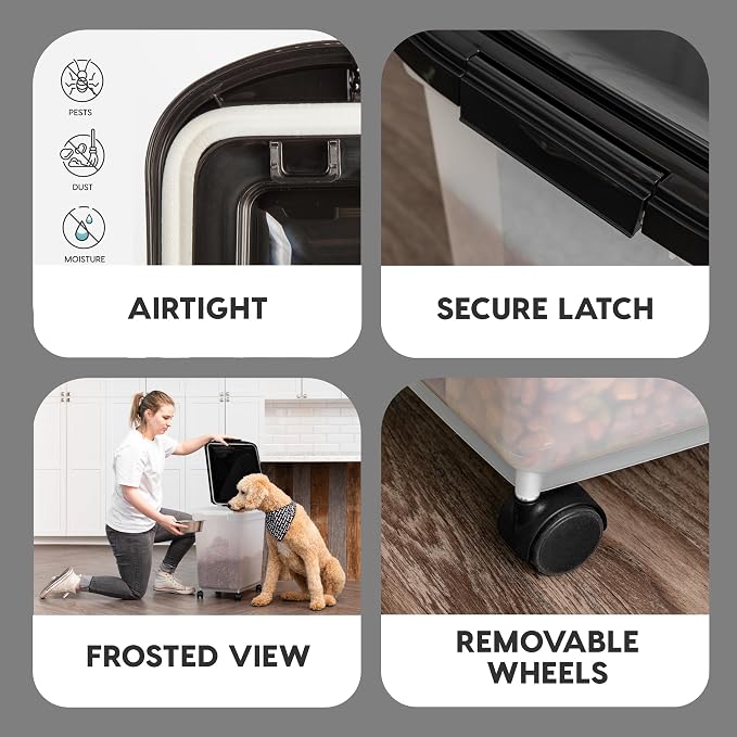 IRIS USA Airtight Dog Food Storage Container, WeatherPro, Up to 50 lbs, Removable Wheels, for Dog Cat Bird and Other Pet Food Storage Bin, Keep Fresh, Translucent Body, Made in USA, Clear/Black - Image 4