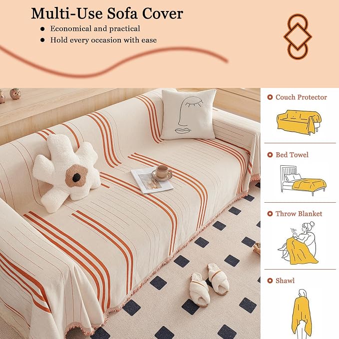 DREAMINGO Couch Cover Reversible Chenille Furniture Protector Sofa Covers for Pets Kids Beige Orange Couch Cover for 3 Cushion Couch Sofa Vertical Stripe Jacquard Sofa Slipcover Sectional, 71"x134" - Image 6