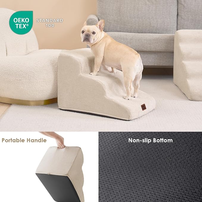EHEYCIGA Curved Dog Stairs Ramp for Small Dogs 15.7" H, 3-Step Dog Steps for Couch Sofa and Chair, Pet Stairs for Cats, Non-Slip Balanced Pet Steps Indoor, Beige - Image 5