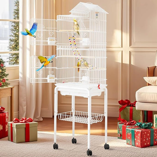 DWVO 62-inch Metal Bird Cage for Cockatiels, Parrots, Pigeons | Bird Cage for Cockatiels, Parrots, Pigeons, Lovebirds, Features Roof Access and Rolling Stand, White by DWVO