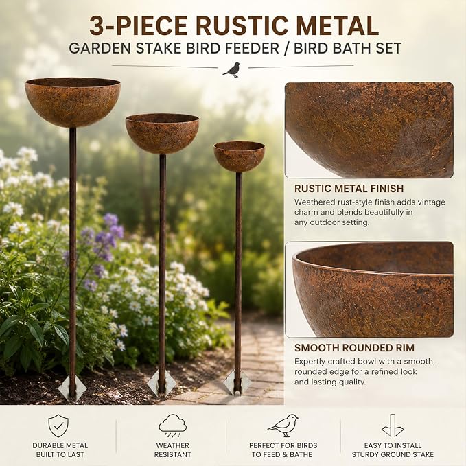 3 Pack Rustic Metal Bird Bath Stake Set for Outdoors, Garden Bird Bath Bowls with Ground Stakes, Bird Feeder Rain Catcher Wildlife Water Station for Birds, Bees & Butterflies - Image 5