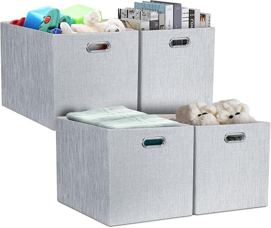 Posprica 13x15x13in Collapsible Storage Bins, Fabric Foldable Cube Storage Boxes, Decorative Storage Baskets Organizer for IKEA Kallax, Shelves, Closet, Clothes, Set of 4-Grey by Posprica