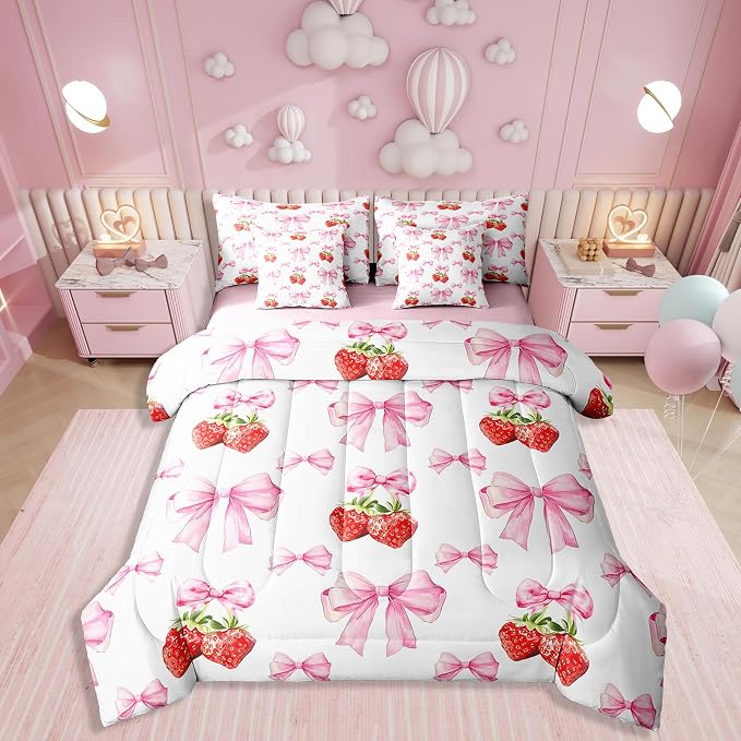 Erosebridal 7 Piece Pink Bowknot King Bedding Set for Girls Women,Red Strawberry Fruit Kids Comforter Set for Teens Children,Romantic Valentine Bow Print Duvet Set,Dreamy Princess Style Sheet Set by Erosebridal