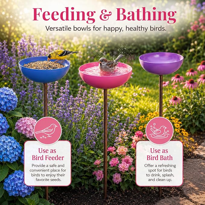 Colorful Metal Bird Bath Garden Stakes 3 Pack - Multi-Height Rustproof Outdoor Bird Feeder Water Station for Hummingbird Butterfly Bee, Decorative Yard Lawn Rain Catcher Ornament (Blue/Green/Red) - Image 5