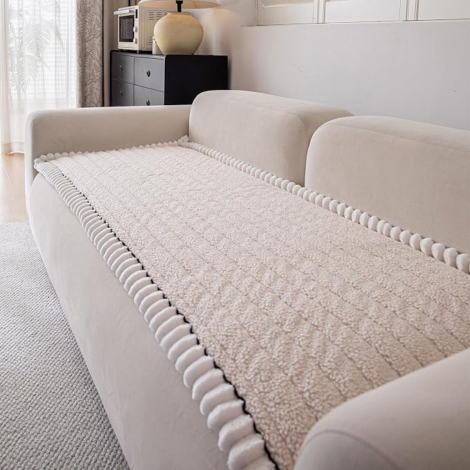 STACYPIK Fuzzy Beige Couch Cover for Large Dogs, Non Slip Sherpa Sofa Cover, Geometric Striped Furniture Protector for 3 Cushion Couch Multi-use Dog Bed Mats Living Room Home Decor-27.6x70.9IN - Image 7