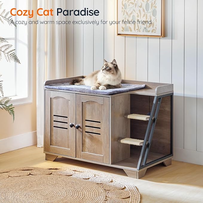 HOOBRO Cat Litter Box Enclosure with Ladder, Hidden Litter Box Furniture with Rechargeable 3-Color LED, Plush, Teaser Balls, 31.5" L x 18.9" W x 22.4" H, All-in-One, Black and Greige BG48MW01G1 - Image 4