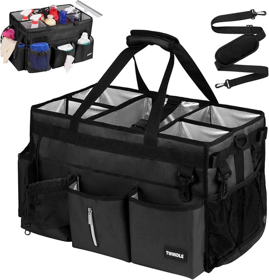 Extra Large Cleaning Caddy Bag with Built-In Support Board, Cleaning Tote Organizer with Removable Divider, Supply Carryall with Adjustable Shoulder Strap and Waist Belt for Cleaners & Housekeeper by TWINDLE