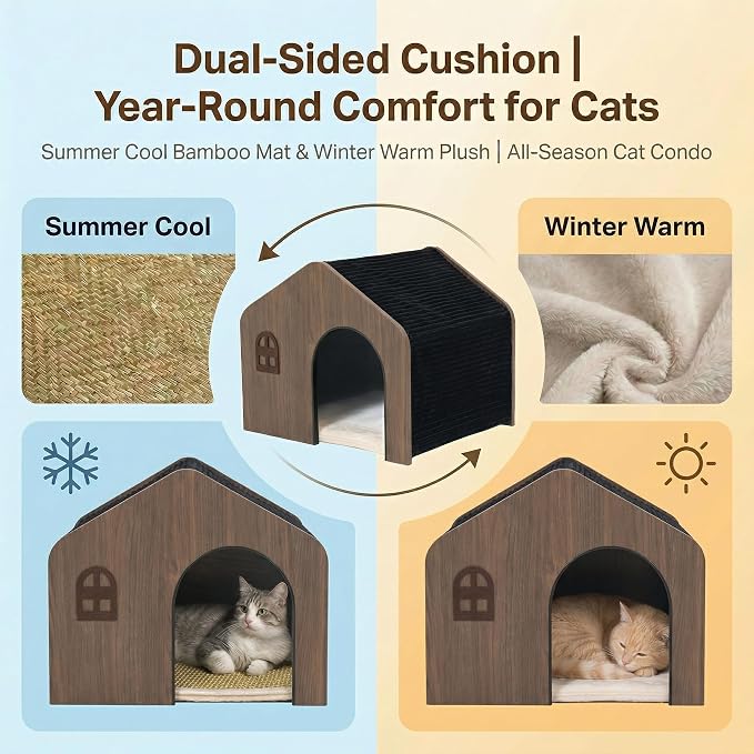 Wooden Cat House for Indoor Cats - Plush Corduroy Semi Enclosed Cat Condo, Dual Sided All Season Washable Cat Bed, Sturdy Modern Cat Furniture for Small & Medium Cats Up to 20lb/9kg - Image 5